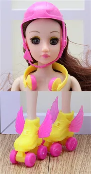 1 Conjunto de Rolos de Skate Fantasia de Boneca sapatos+fone de ouvido+capacete para bonecas Decorativas Brinquedo de Crianças Meninas Brinquedo Rolo de Jogar Acessórios