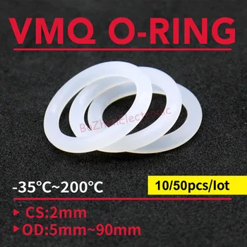 10/50pcs VMQ Branco Anel de Silicone Junta CS 2mm de diâmetro externo de 5 ~ 90mm de qualidade Alimentar Impermeável Arruela de Borracha de silicone de vedação anel-o de borracha