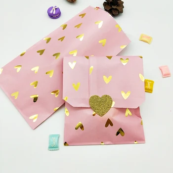 100pcs cor-de-Rosa sacos de papel com folha de ouro corações para Presentes de Comida de Festa de Aniversário, Decorações de Crianças Doces de Cookies Sacos de Papel, Adesivos