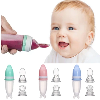 2 Cabeças De Colher Do Bebê Garrafa Alimentador De Conta-Gotas De Silicone Colheres Para Alimentar A Medicina De Frutas Crianças Da Criança Talheres Utensílios Do Bebê Teether