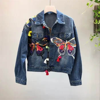 2020 Outono Mulheres Jaqueta Jeans Indústria Pesada Applique Bordado de borboleta Jaqueta Jeans Casacos de Borla Curta Jaqueta de Agasalho