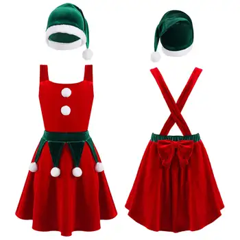 2021 Crianças Meninas de Veludo Natal Traje Festival de Papai noel para as Meninas de Natal Festa a Fantasia Vestido com um Chapéu Novo Chilren Roupas
