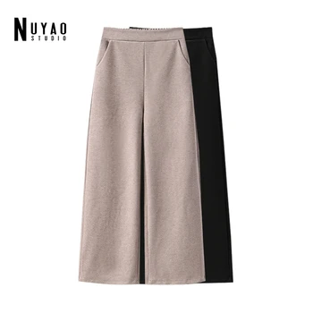 2021 Outono Inverno Plus Size L-5XL Cintura Elástica Calças para Mulheres Casuais de Perna Larga Fenda Roupa de cama de Algodão Solto de grandes dimensões Pantalon Calças