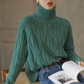 2021 de outono e inverno das mulheres de pescoço alto suéter de cashmere casual cabo camisola de manga longa camisola solta moda de rua de camisola