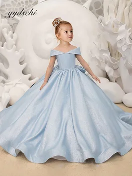 2022 Azul Vestidos Da Menina De Flor Elegante Princesa De Cetim Vestido De Baile Para As Crianças Da Festa De Aniversário De Vestido Simples Arco Vestido De Primeira Comunhão