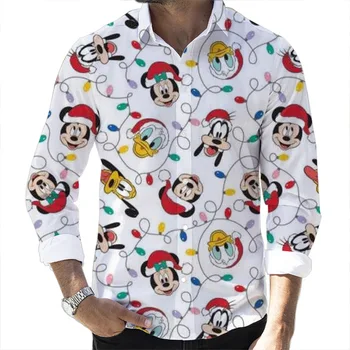 2022 Nova Natal, Elementos de Outono, Moda masculina Tendência do Mickey de Disney Padrão T-Shirt de Impressão 3D de Manga Longa Lapela da Camisa