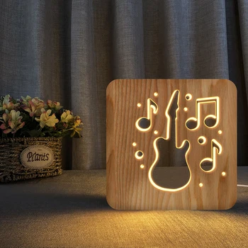 A Música de guitarra Notas de Chifre de LED 3D de Madeira, a Luz da Noite Oco Lâmpada de Tabela de Poder de USB do Telefone Luzes Para Crianças do Bebê do Natal Presente de Ano Novo