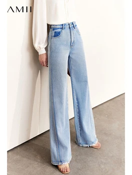 AMII Minimalismo calças de Brim das Mulheres de Outono Casual Cintura Alta 100% Algodão, Calças de Perna Larga Ins coreano Reta Jeans Calça Azul 12270354