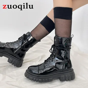 Botas de Couro preto das Mulheres, Plataforma de motos botas Outono Lace-Up Zíper Feminino punk botas femininas plataforma ankle boots