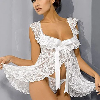 Branco De Verão Pijamas Para Mulheres Dividir Camisolas Renda Dormir, Roupas De Ver Através De Mini Nightdress