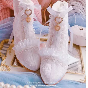 Branco Laço De Fita Princesa Tribunal Botas Cos Lolita Loli Victoria Kawaii Japonês Menina Doce Sapatos Anime Lolita Sapatos Baixos Ajuda