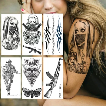 Criativo Gangster Tatuagens Temporárias Adesivo Realista Falso Corpo à prova d'água Tatuagens de Arte Geométrico do Crânio AK Arma Tatoos Para Adultos