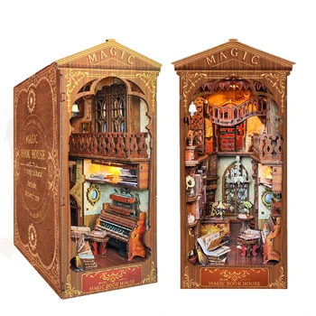 DIY Livro Recanto de Prateleira Inserir Madeira em Miniatura Kit de Construção de Casa Mágica Bookends Casa de bonecas de Coleção de Brinquedos de Meninas Presentes de Natal