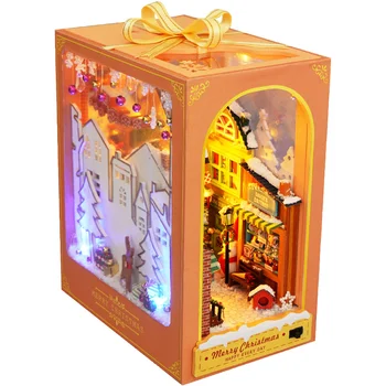 DIY de Madeira de Natal Livro Recanto de Prateleira Inserir em Miniatura Kit de Construção da Santa Casa Bookends Casa de bonecas Estante de Brinquedos para Meninas Presentes