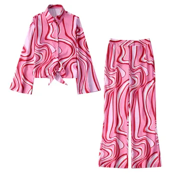 De cetim cor-de-Rosa de Impressão Mulheres Pijama Conjunto Chique Pijamas Solta Vintage Mangas compridas, Calças Conjunto de 2 peças Casuais, Pijamas, Roupas em Casa