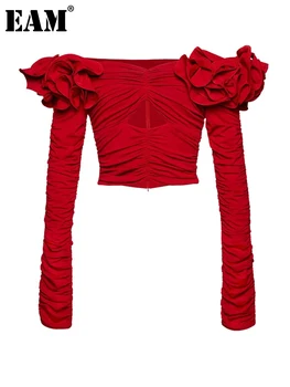 [EAM] as Mulheres de Vermelho Rufflles Elegante Plissado Cordão T-shirt Nova Barra de Pescoço Longo da Luva de Moda Maré de Primavera Outono 2023 1DF3900