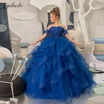 Elegante Azul Royal Vestidos Da Menina De Flor Para A Noiva, Em 2022, A Princesa De Tule Plissado Off Ombro Frisado Vestido De Baile Vestido De Primeira Comunhão