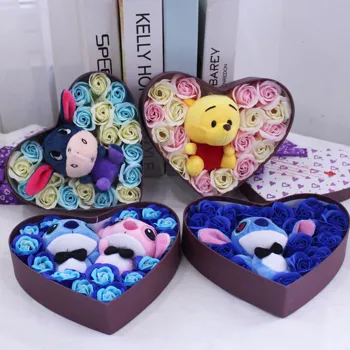 Feito à mão StitchWinnie Pooh o Coração Com Flor Caixa de Presente Ursinho de Pelúcia Recheado Criativas de Presentes de Aniversário
