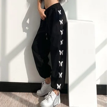 HOUZHOU Estilo coreano Cavallari Moda Primavera Corredores de Mulheres negras de Cintura Alta Casual Calças de Treino Solta Streetwear Calças