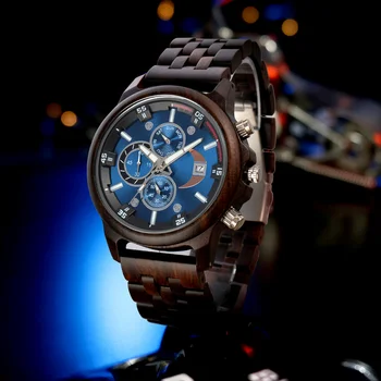 Homens de Madeira do Relógio Luminoso Cronógrafo de Pulso, Multifunções de Negócios Azul de Madeira de Relógios Para Homens Relógio Relógio Masculino