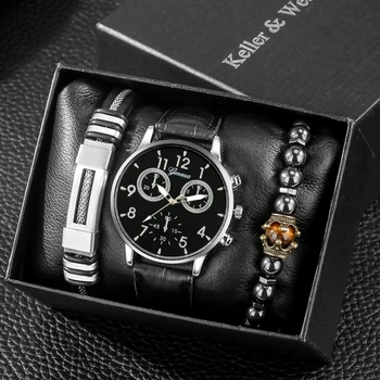 Homens de Quartzo Relógios de pulso de Relógio de Couro Preto de Moda de Luxo Mens Watch e Pulseira Conjunto de Dons para os Homens 3PCS Melhores Presentes Originais