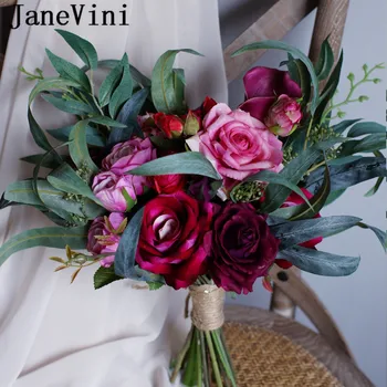JaneVini Vintage Fúcsia Noiva Rosa Buquê De Flores 2020 Estilo Europeu Buquê De Casamento Charme De Noiva Com Flores Artificiais Broches