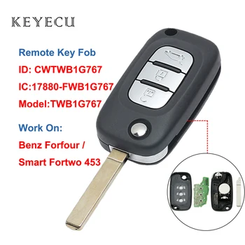 Keyecu Remoto do Carro Fob Chave 3 Botões 433MHz 4A Chip para o Benz Smart Fortwo 453 Forfour 2015 2016 2017 FCC ID: CWTWB1G767, TWB1G767