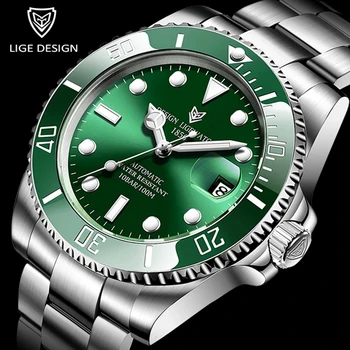 LIGE Marca de Luxo Verde Mergulhador Homens do Relógio Mecânico Automático Anti-risco Giratório Anel Externo Impermeável Luminosos Relógios Mens
