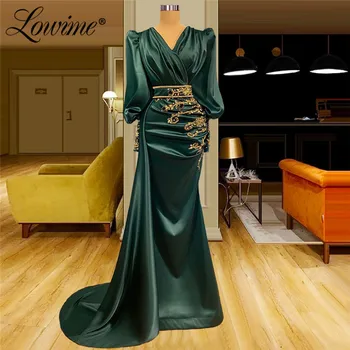 Lowime Verde Vestido De Noite Com Ouro Frisado Árabe Cetim Vestidos De Festa 2021 Sereia Mangas Compridas Oriente Médio, As Mulheres Vestidos De Baile