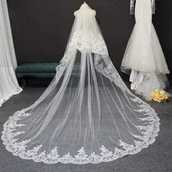 Luxo Longa de Renda Véu de Noiva, com Pente de 2 Camadas 3 Metros de Véu de Noiva Cobrir o Rosto da Noiva Véu com Blush Acessórios do Casamento