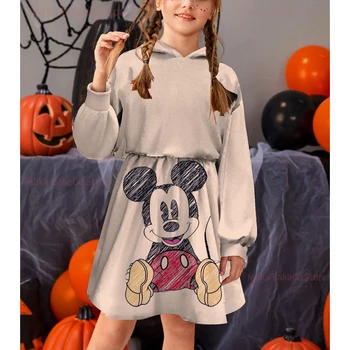 Meninas Disney Mickey Mouse Vestido de Camisola com Capuz 2022 Novo Outono e Inverno Meninas de 1 a 12 Anos de Idade Roupas para Crianças, Vestido Casual