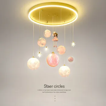 Moderno, Criativo para Crianças Astronauta Estrelas, Lâmpada de Teto LED Branco Quente que Escurece a Luz Dourada de Ferro Menino Menina do Quarto Decoração de Fixação