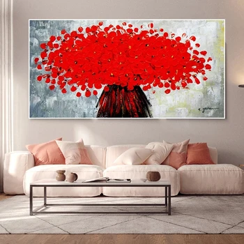 Mordern pintado à mão Abstrato Árvore Grande, 3d, Pintura a Óleo Azul Flor Vermelha Impressão de Lona de Pôster Arte de Parede Imagem Decoração de Sala de estar