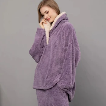 Novo Outono Inverno Pijama De Flanela Conjuntos Mulheres Solta Mais De Veludo Quente Casual Terno Feminino Suéter Com Capuz Jaqueta Calças De Duas Peças