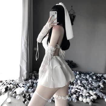 Novo Preto e Branco Vestido de Noiva de Lingerie Sexy Cosplay Anime Mulheres Cueca de Noiva Chiffon com Saia de Uniforme Terno Sexy Traje