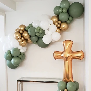 O Batismo Pano De Fundo De Abacate, Verde, Ouro Branco Balão Garland Arco Transversal Da Folha De Bola De Batismo, Primeira Comunhão Decoração