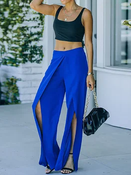 Office Lady Casual Slim Sólido Fundos Muito Verão Patchwork Ocos Sexy Azul Calça Mulheres Solta Streetwear Calças De Cintura Alta