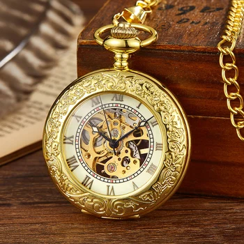 Ouro Vintage Bronze Mecânica Relógio de Bolso do Lado do Enrolamento Esqueleto Numerais Romanos de Discagem Fob Corrente de Relógio para Homens Dropshipping
