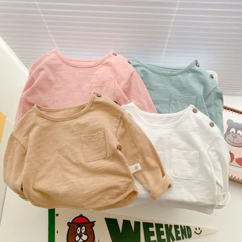Primavera, Outono Criança de algodão de Crianças T-shirts de Meninos de 4 cores Tops de manga longa Meninas breve solto e casual Tees