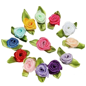 Promoção! 100Pcs Mini Fita de Cetim Rosa Flor Folha Decoração do Casamento Apliques de Costura DIY Principal Cor:Rosa