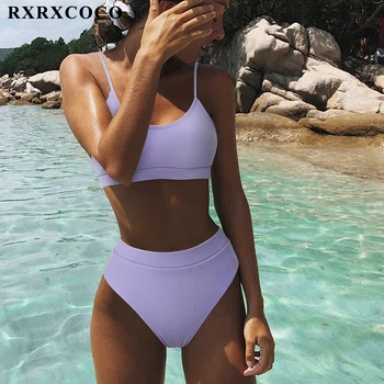 RXRXCOCO Swimwear das Mulheres 2021 Nervuras maiô Mulheres Empurre-a para Cima do Biquini Biquini moda praia Biquíni de Cintura Alta de Mulheres de Maiô