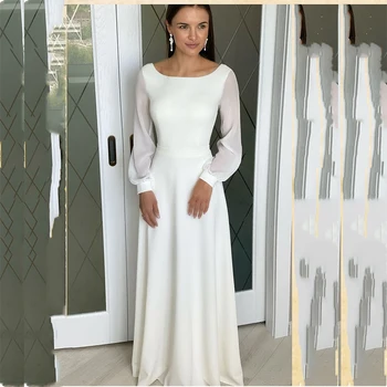 Simples vestido de casamento Chiffon Manga Longa Planície Andar Vestido de Noiva Comprimento Robe De Mariee Branco Simples de Praia Colher Elegante Zíper