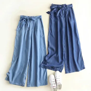 Tecel Denim Grande Perna de Calça com Cinto de Arco de Luz Azul Azul Jeans Folgadas Calças Palazzo Cintura Elástica Casual Primavera Calças de Verão