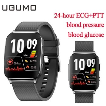 UGUMO 24 horas ECG+PTT Monitoramento Smart Watch Não-invasivos de Glicose do Sangue, a Pressão Arterial de Oxigênio a Temperatura do Corpo os Homens Smartwatch