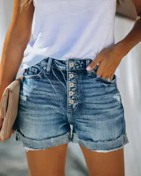 Venda quente mulher de verão shorts jeans casual cintura alta enrolado shorts jeans moda calção, XS-XL Drop shipping