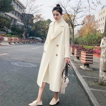 Vintage Doce Feminino Casaco De Cashmere Coats Mulheres Solta Windbreakers Coreano Outono Feminino Trincheira Longo Casaco Branco Para As Mulheres