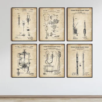 Vintage Estetoscópio Médico Acústico Eletrônico de Patentes de Pôster Arte de Parede de Lona Impressão Pinturas de Imagens para a Clínica do Hospital Decoração