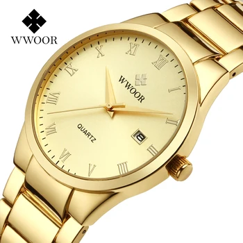 WWOOR de Ouro, relógios de Luxo Para Homens de Aço Inoxidável Casual Simples de Negócios, Relógio Impermeável Data de Quartzo Relógio Masculino Relógio Masculino