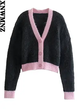 XNWMNZ malha cortada casaquinho de mulheres decote em v, mangas compridas botão-jaqueta feminina de Malha, casaco de Outono Inverno contraste cardigan