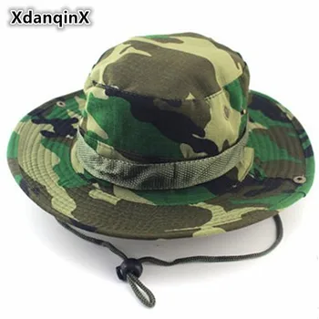 XdanqinX Verão os Homens da Selva de Camuflagem Balde de Chapéus de Moda Casual com Topo Plano Corda de Fixação Respirável Panamá Marcas Chapéu Para Homens